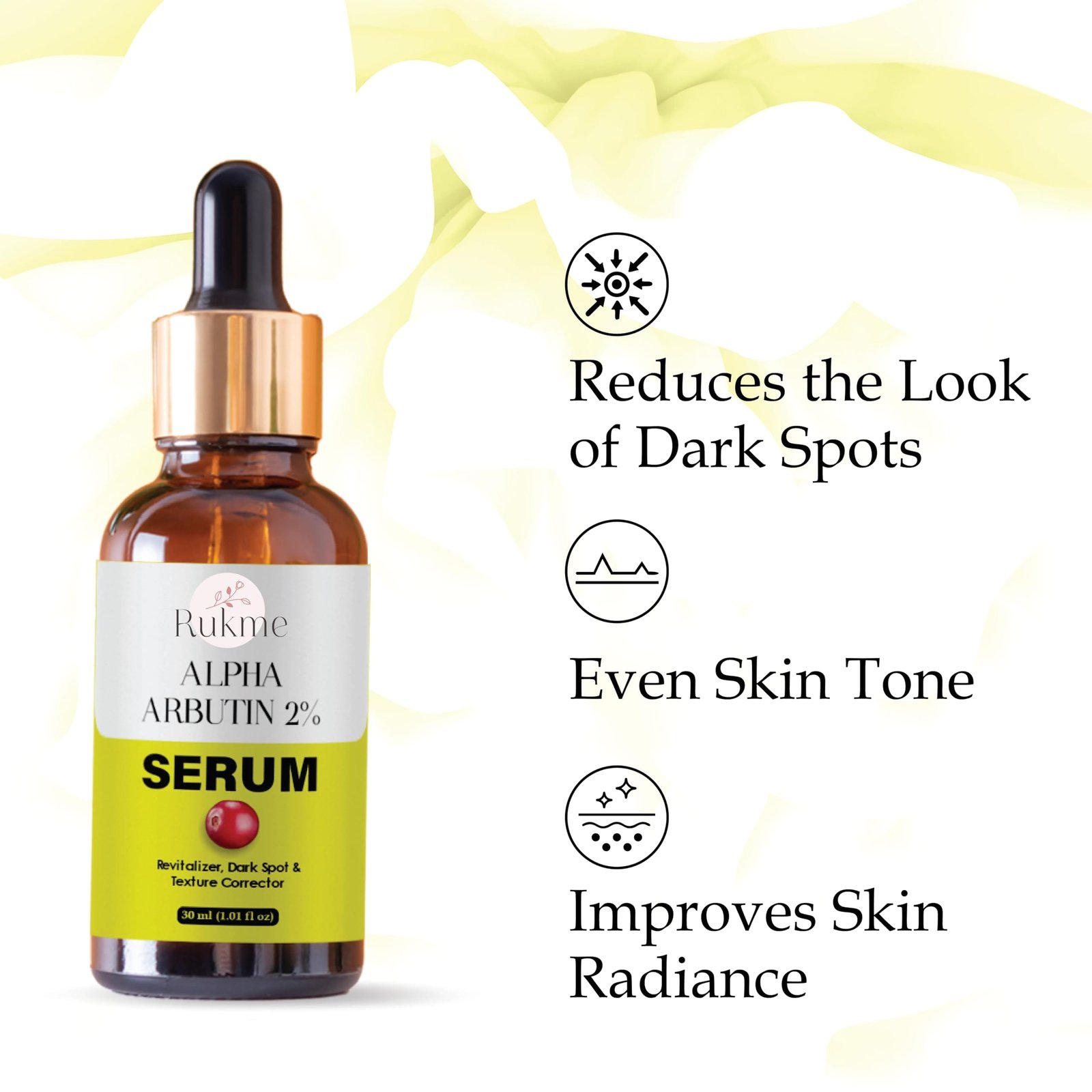 Rukme Alpha Arbutin 2% Serum, Dark Spot and Texture Corrector, Revitalizer, 30ml
