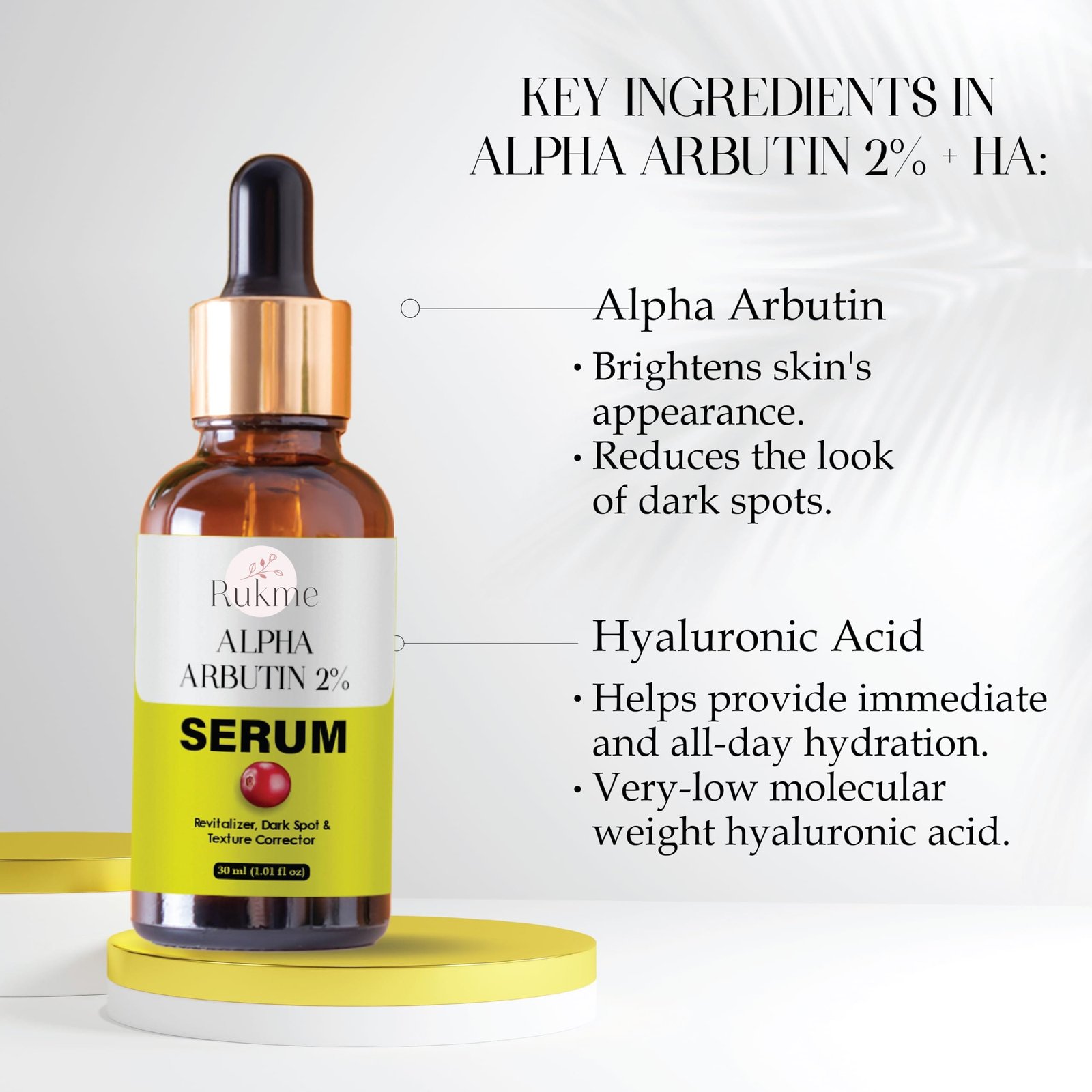 Rukme Alpha Arbutin 2% Serum, Dark Spot and Texture Corrector, Revitalizer, 30ml