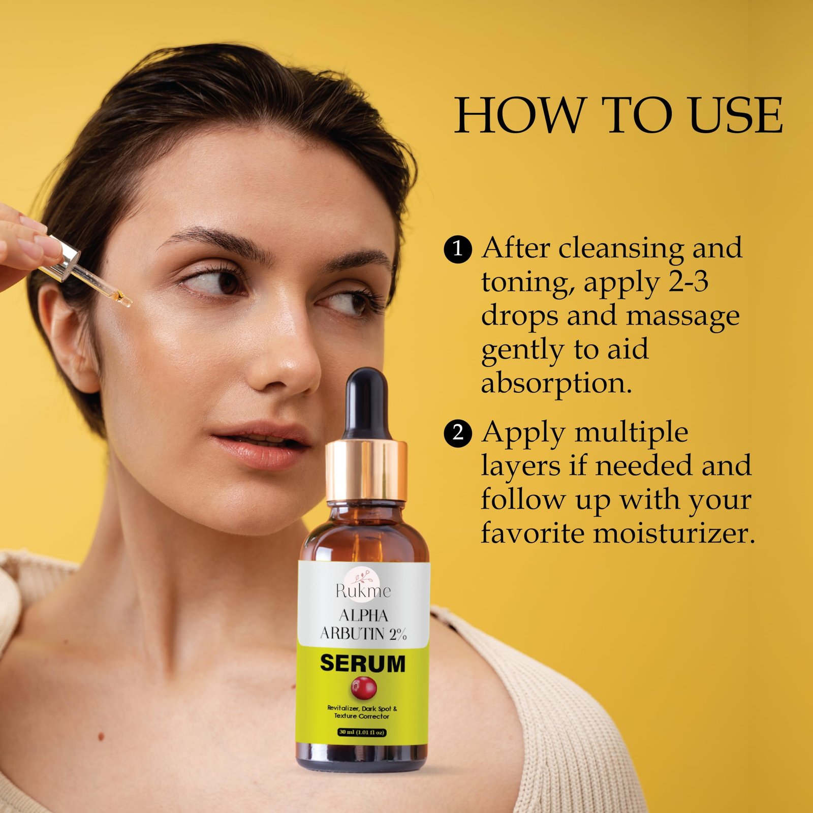 Rukme Alpha Arbutin 2% Serum, Dark Spot and Texture Corrector, Revitalizer, 30ml