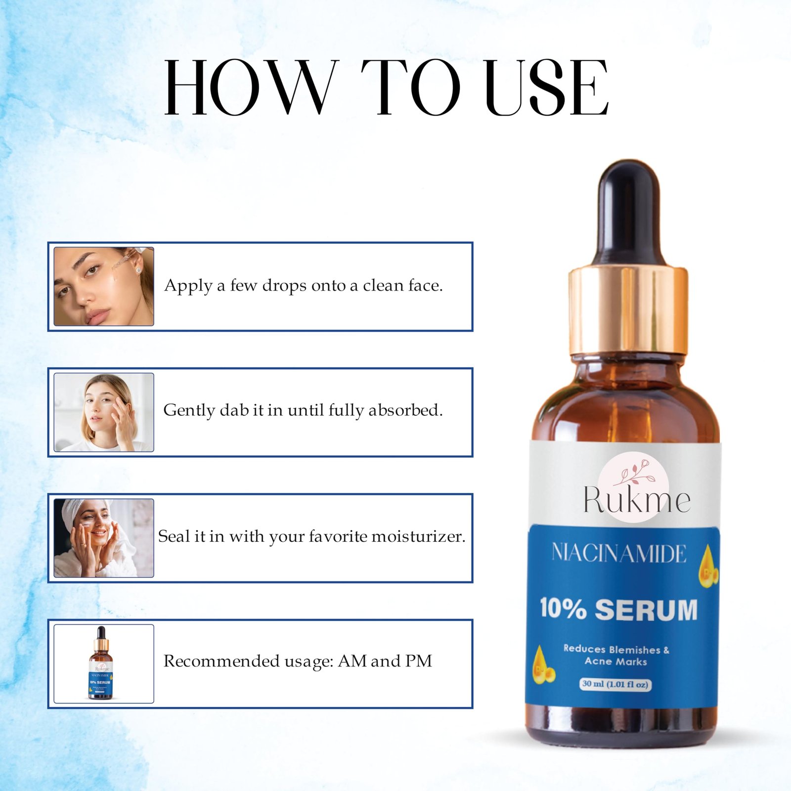 Rukme Niacinamide 10% Serum, Reduces Blemishes & Acne Marks, 30ml