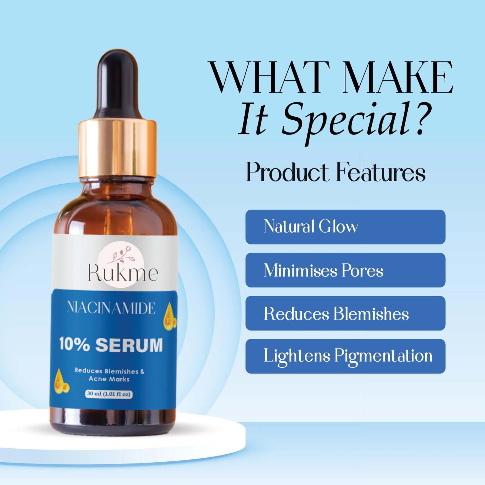 Rukme Niacinamide 10% Serum, Reduces Blemishes & Acne Marks, 30ml
