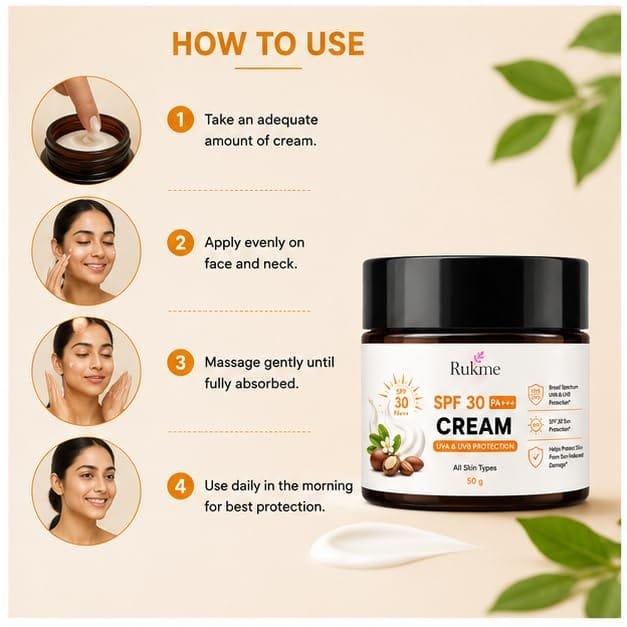 Rukme SPF 30 PA+++ Cream, 50g for Women & Men